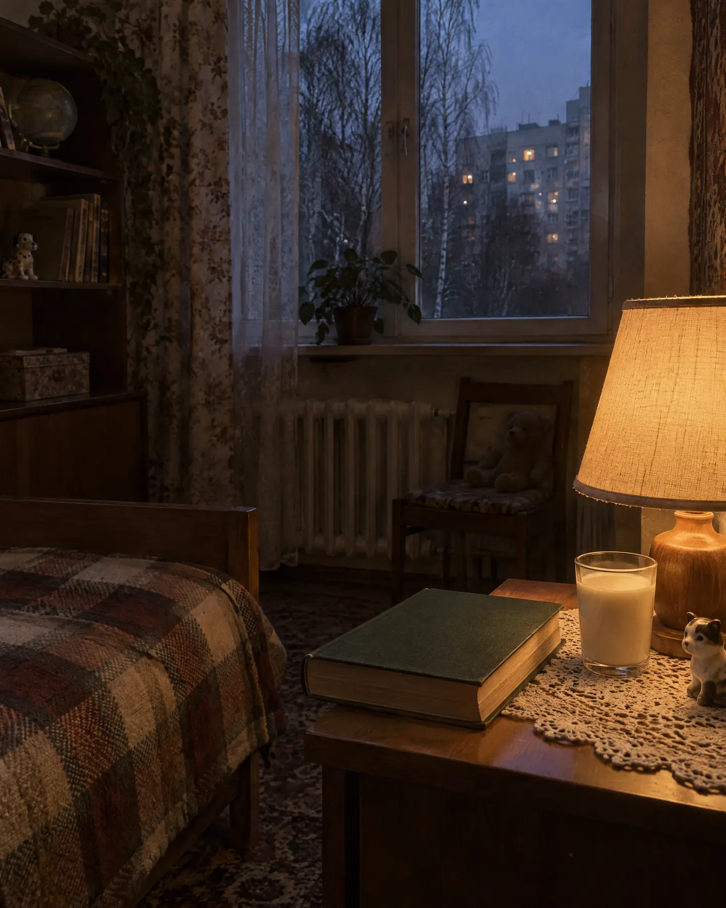 Kinderzimmer am Abend: Nachttischlampe, ein geschlossenes Märchenbuch, draußen Birken und Plattenbau