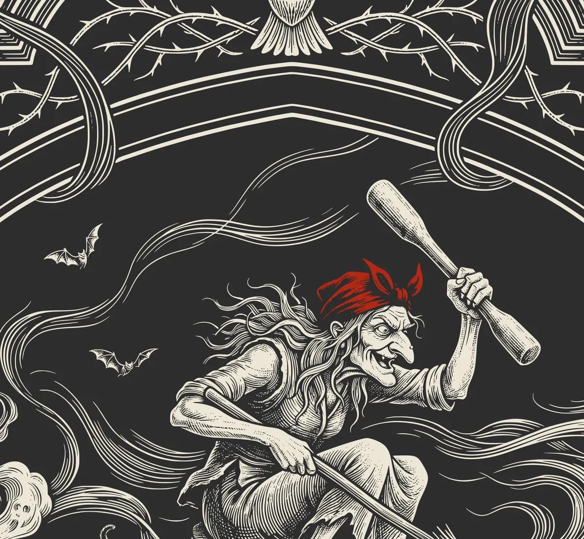 Detail aus dem Baba-Jaga-Print: Baba Jaga im Mörser mit rotem Kopftuch