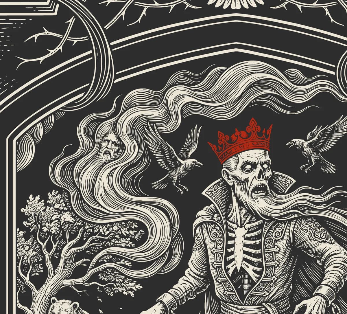 Detail aus dem Koschei-Print: Kopf mit roter Krone, Rauch und Raben
