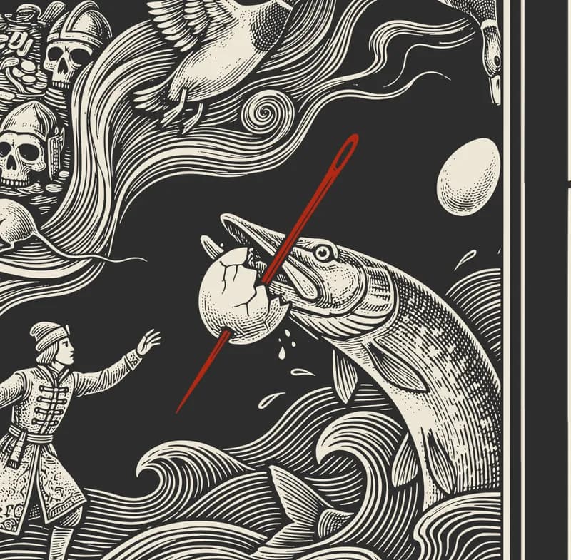 Detail aus dem Koschei-Print: rote Nadel, die in einem Ei steckt