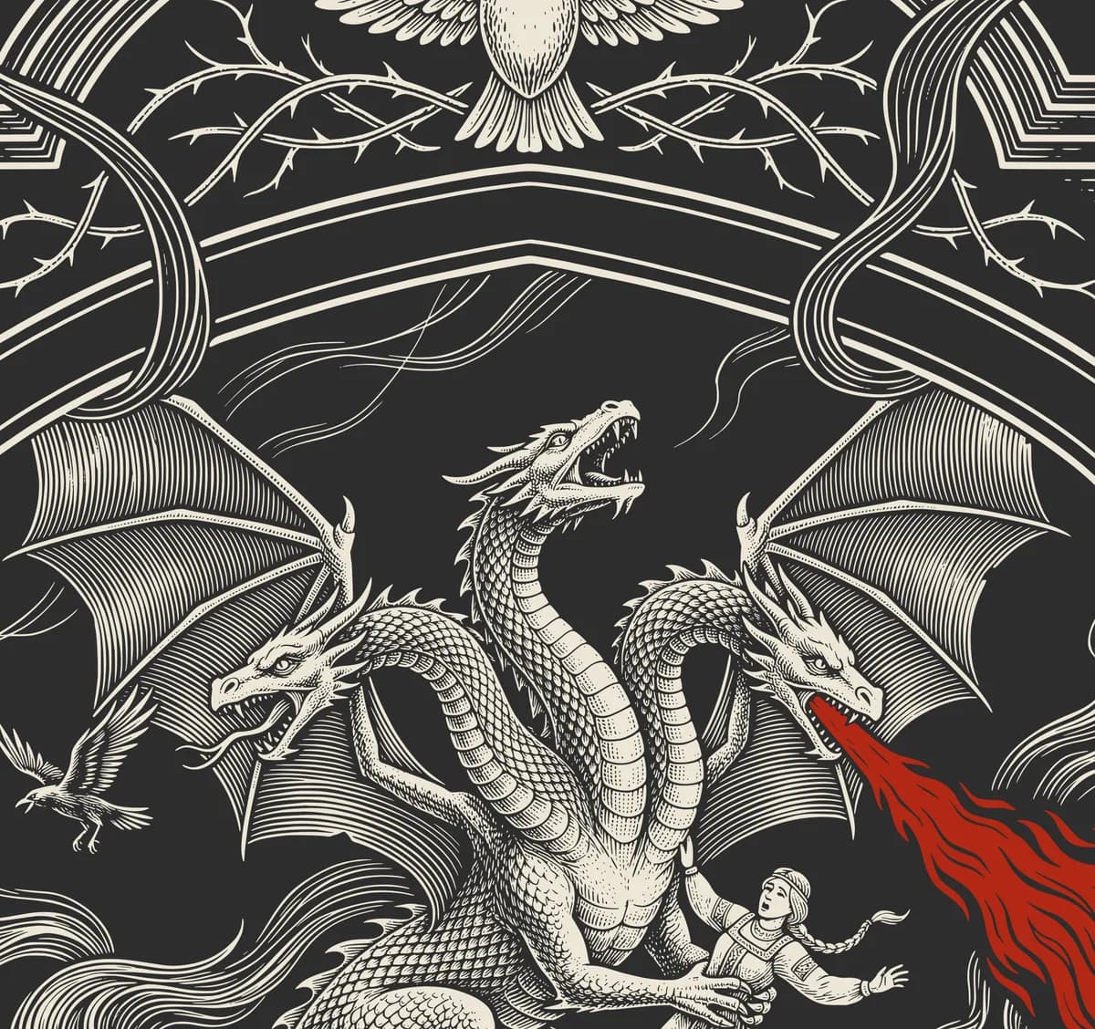 Dreiköpfiger Drache Zmej Gorynytsch mit roter Flamme, Engraving-Stil